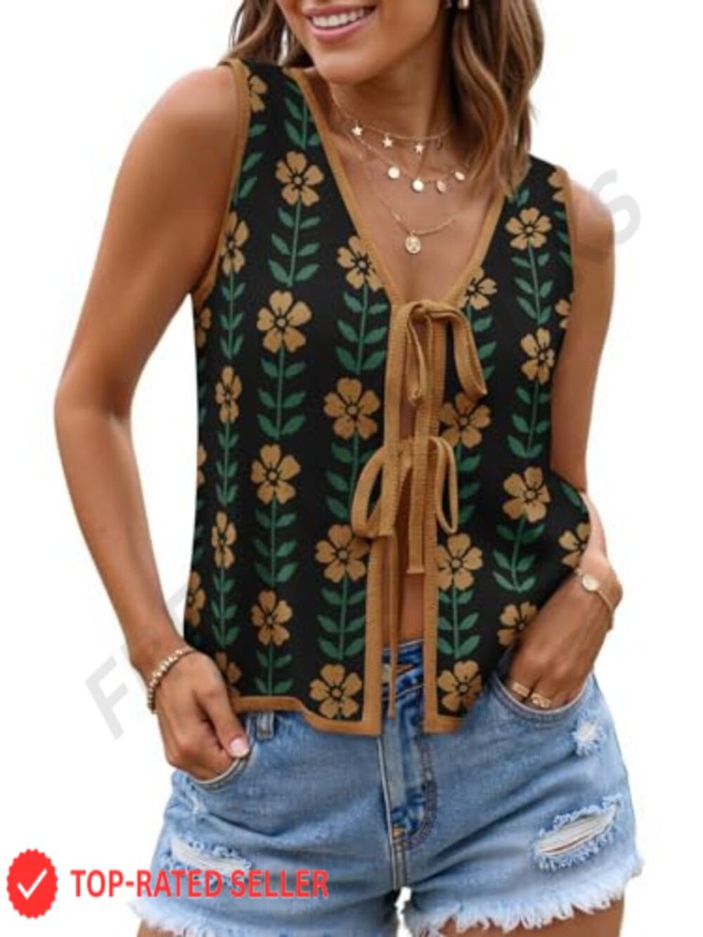 Women's Tie Front Knit Sweater Vest V-Neck Sleeveless Loose Fit Summer Top